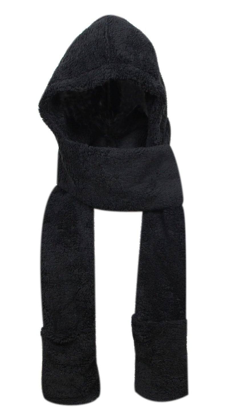 Bioterti Super Soft Fleece Womenâ€™s Hooded Scarf & Hat W/Glove Pockets By Bioterti (Black) - Image 1